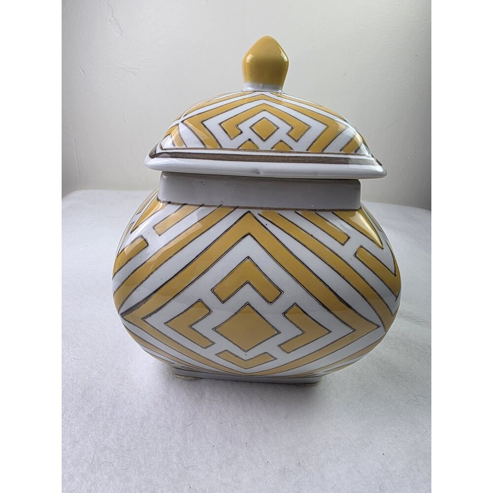 Vintage Ceramic Ginger Jar Yellow & White Geometric Chinoiserie Art Deco Style - Picture 4 of 9